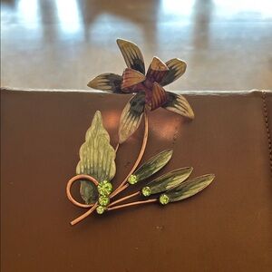 Floral Enamel & Crystal Brooch in Green and Bronze